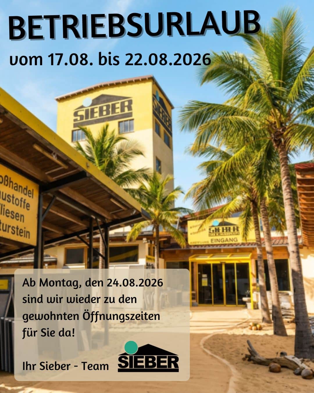 Betriebsurlaub 2026 - mit Palmen